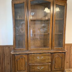 Wooden Hutch China Cabinet with Glass Doors and Lower Storage Hutch, Lighted
