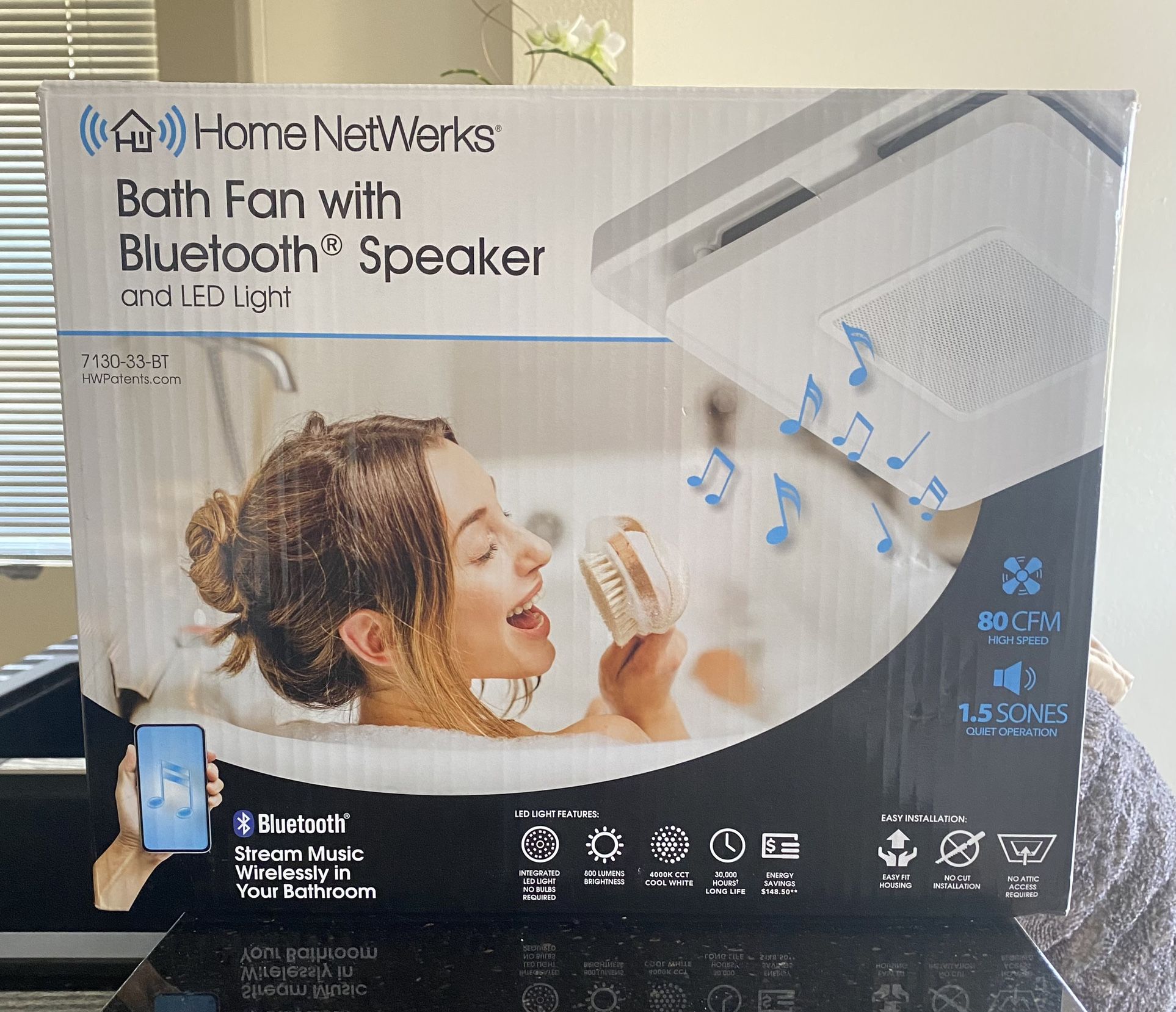 Bath Fan w/ Bluetooth Speaker and LED Light - New