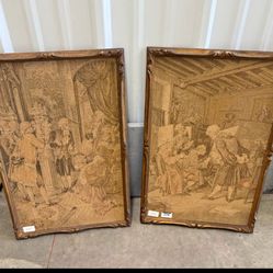 Vintage / antique tapestry depicting a painter's studio, and the reception