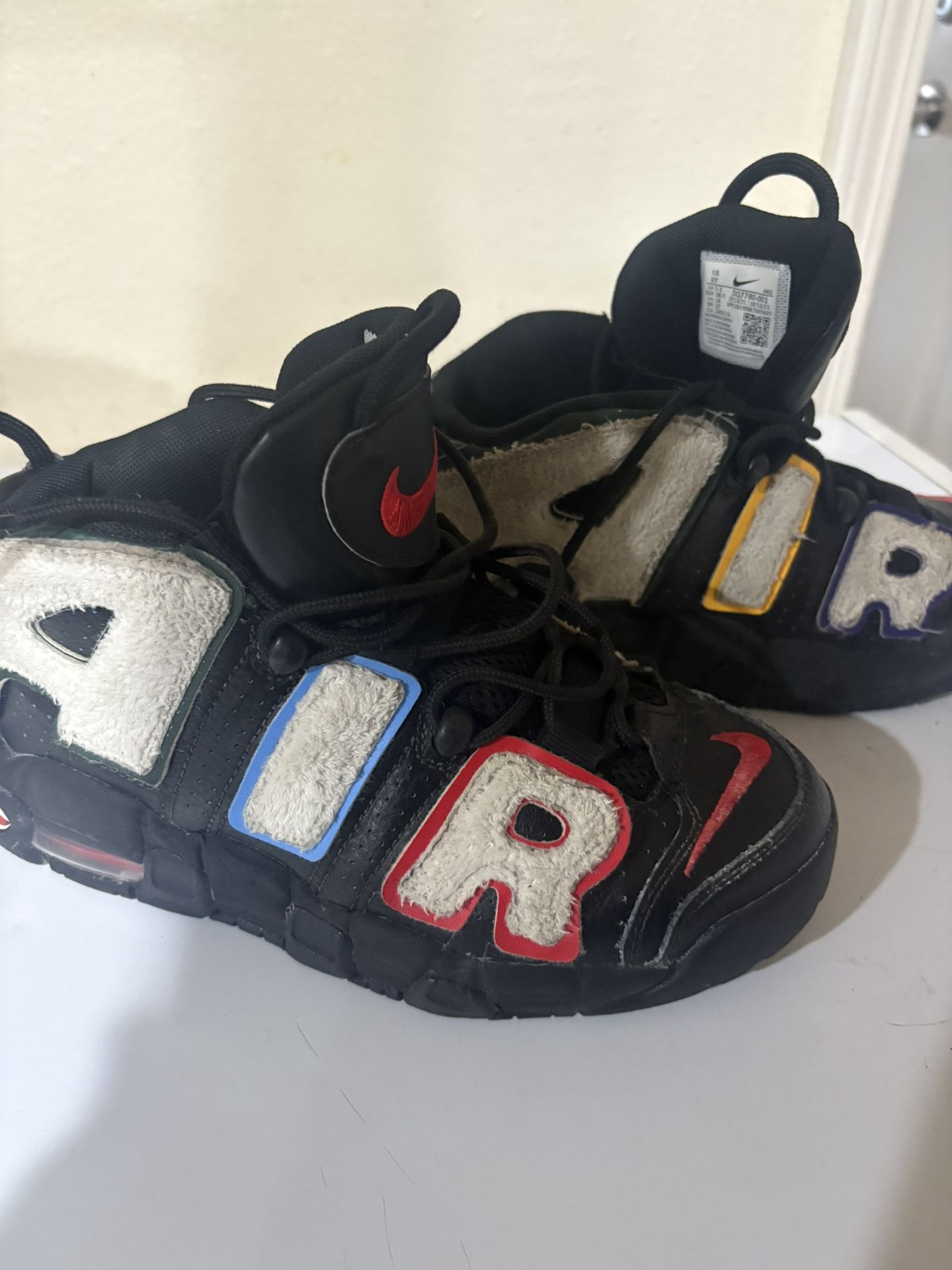 NIKE Air More Uptempo Fleece Shoes Sneakers Black White Multi GS
