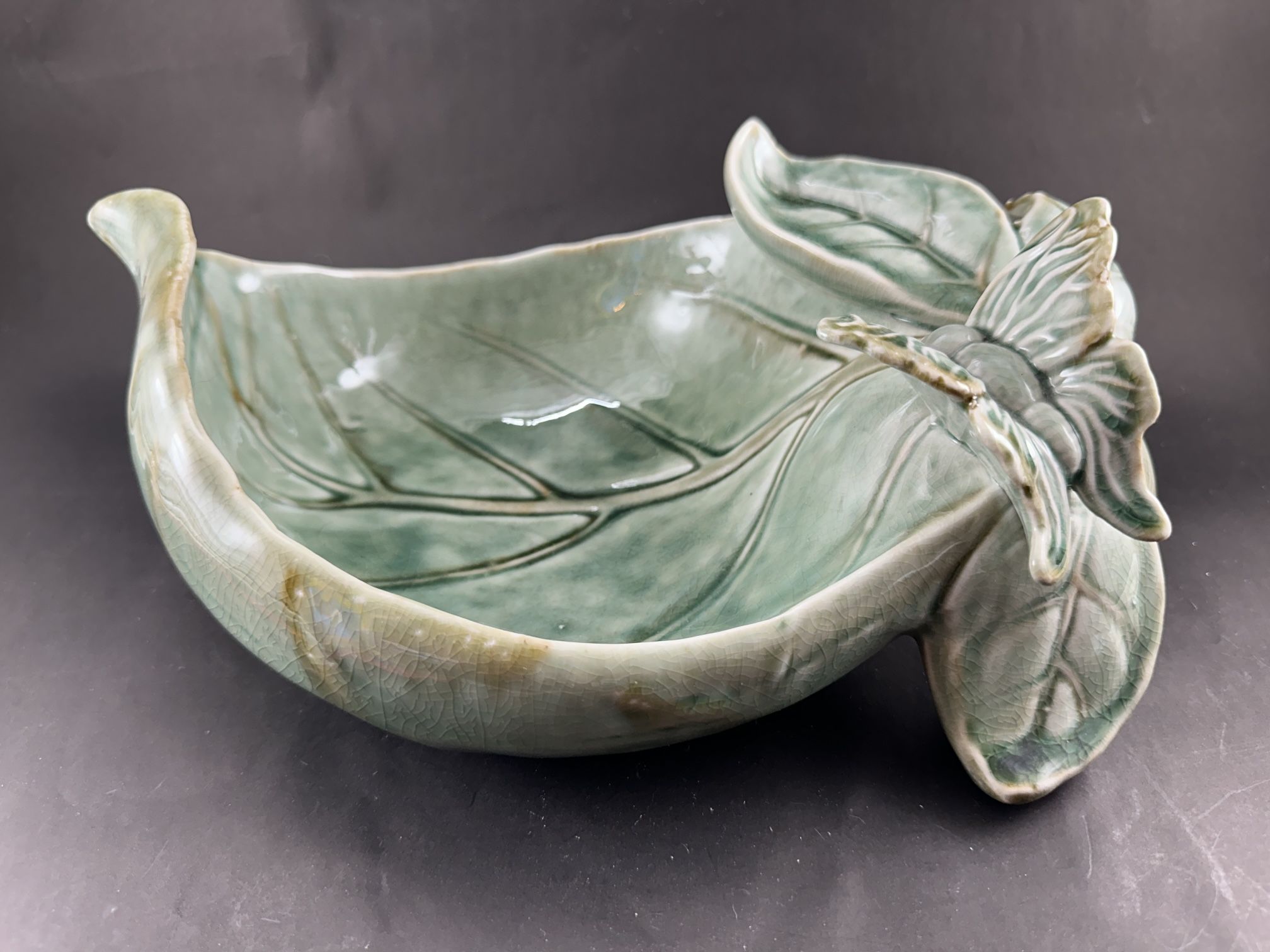 Large Teal Leaf Shaped Ceramic Pottery Dish with Butterfly Tabletop Decor  