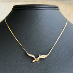 Vintage Jewelry 14k yellow gold bird natural diamonds 0.20CTW necklace chain 16.00" 1.00mm width