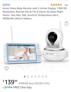 Acenz Video Baby Monitor with 5 Inches Display, 720P HD Resolution, Remote Pan & Tilt & Zoom, No Glow Night Vision, Two-Way Talk, Sound & Temperature