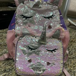 Girls pink unicorn backpack and lunchbox 