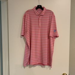 Mens Golf Shirt Salmon Light Blue White Stripes