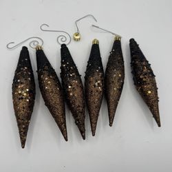 Christmas Icicle Finial Ornaments Black Bronze Gold Glitter Sequin Lot of 6
