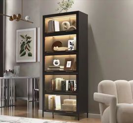 LED Lights Black 76.75 in. H Steel Storage Display Cabinet, Barister Bookcase with 5-Tier Shelves, T