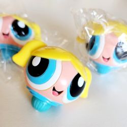 Set Of 3 PowerPuff Girls Bubbles Whizzer Type Spinner Top Kelloggs Toy 2003 New