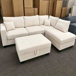 Modern Ivory Corduroy 3-Piece Sectional Sofa Set with Chaise & Storage Ottoman