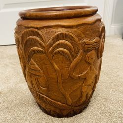 Vintage Hand Carved Solid Wood Vase 