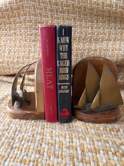 Vintage wood and brass sailboat bookends