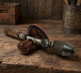 Vintage Hand Crank Eggbeater Drill Red Gear Wood Handles Japan