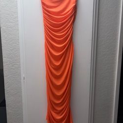 Orange Strapless Ruched Midi Bodycon Dress