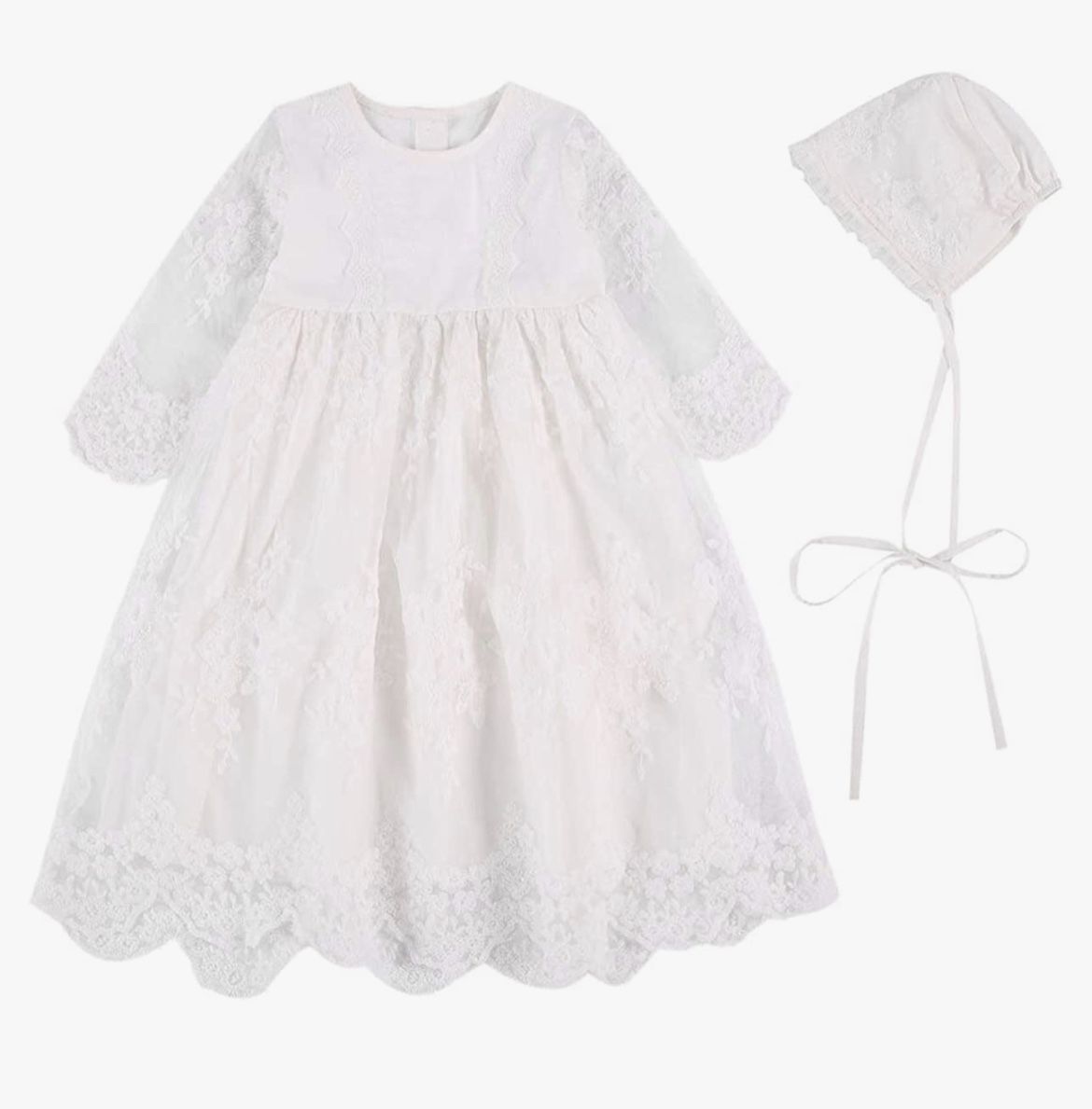 Baby Girl Christening Gown Long Sleeve White Lace Baptism Dress Flower Girl