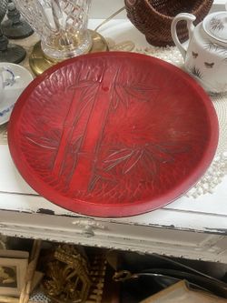 Vintage Asian Carved Red Cinnabar Plate Wall Decor 