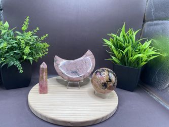 Hand Carved Rhodonite Crystal Moon 199g 4”x2.2”, Tower 56g 2.7” and Sphere 331g 55mm