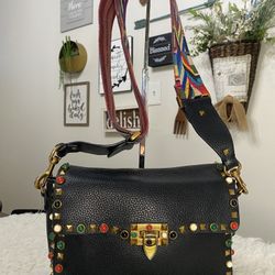 VALENTINO black leather GUITAR ROCKSTUD ROLLING Shoulder Bag