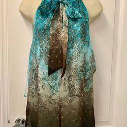 ✨New With Tag✨ Size 12 Adult Women Large Snake Print Halter Sleeveless Blouse Brown Metallic Gold Teal 