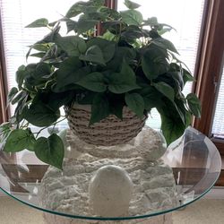 Artificial Green Pothos Silk Plant in Farmhouse white basket (16” tall x 22” wide)