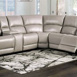 Brand New Grey Top Grain Leather Power Reclining Sectional Sofa 