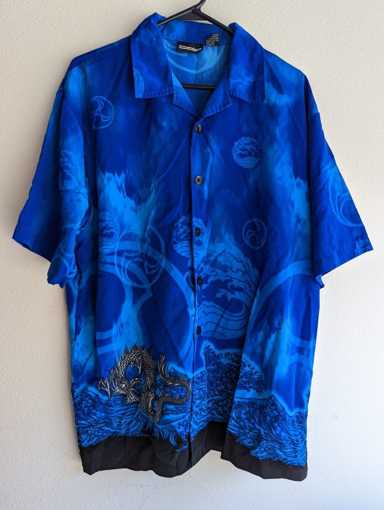 Vintage Men’s ODO Dragon Button Down Casual Shirt Size Large 2000s Short Sleeve