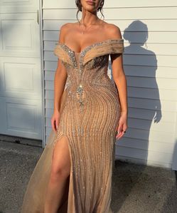 Custom Champagne Crystal Beaded Evening Gown