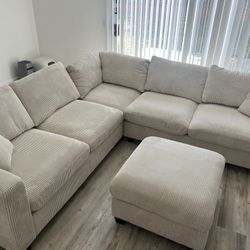 New Modular Sectional.  Off White / Beige Corduroy Fabric.  99” X 99”.  Free Delivery!