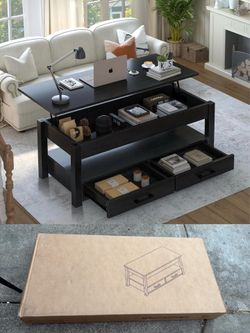 100% Brand New in box, 41.7”Lift Top Black Coffee Table with 2 Storage Drawer and Storage Shelf
