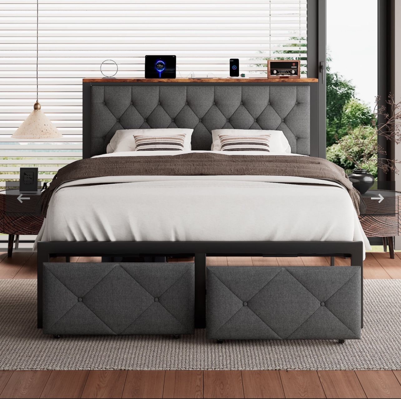 Full Bed Frame with 2 Drawers, Metal Platform Bed with Charging Station and Linen Fabric Storage Headboard Strong Metal Slats Black,Gray