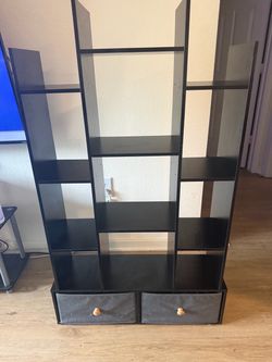 Black Bookshelf with Two Fabric Drawers