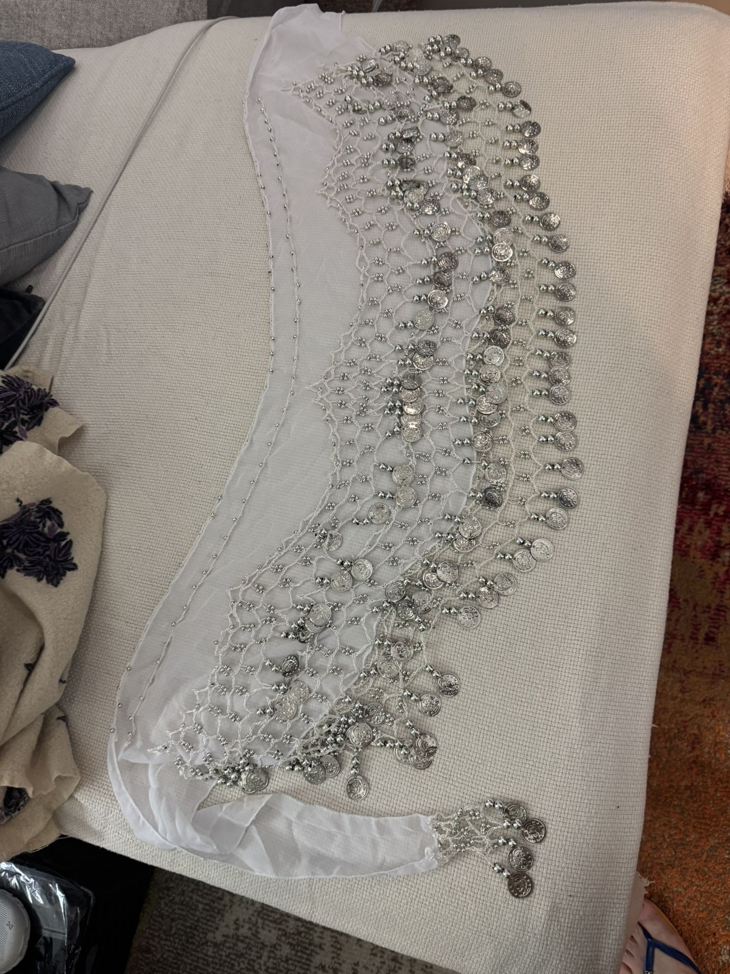 Belly Dance Hip Scarf w/ Coins (White)