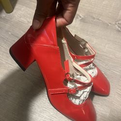 Red Chunky Heel Strappy Shoes 
