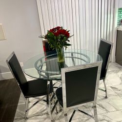 Round Glass Dining Table Set (Silver and Black)