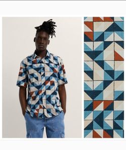 Zara Men's Short-Sleeve Button-Down Shirt in Blue, Cream & Rust Geometric Print