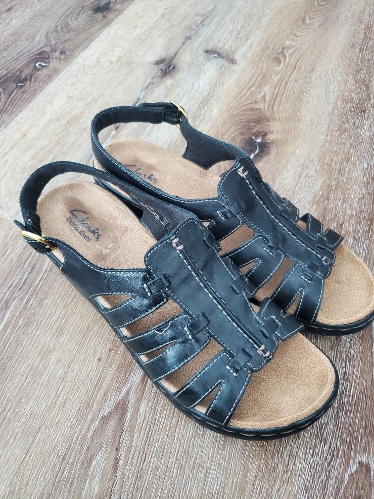 Clarks Womens Bendables Leather Wedge Heel Strappy Sandals  Size 10W