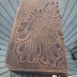 Hand Tooled Leather One Zipper Wallet