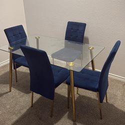 Dinner glass table + 4 royal blue/gold chairs