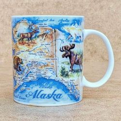 Arctic Circle state of Alaska theme with flag and animals 12 oz ceramic enamel coffee mug tea cup