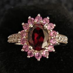 Garnet & Zircon Sunburst Ring, Size 6
