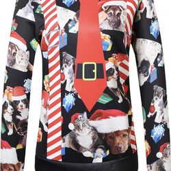 New X-Large Ugly Christmas Sweater Sweatshirt Cats & Dogs Tie & All 
