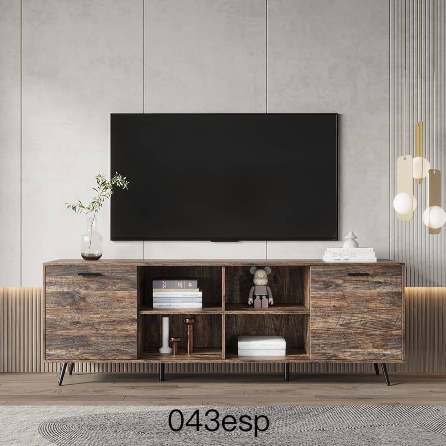 TV Stand Mid-Century Wood TV Cabinet for 80 Inch TV,Media Console TV Entertainment Center,Television Table with 2 Storage Cabinet & Open Shelves,Conso