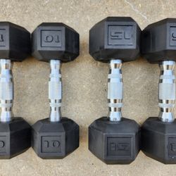 Rubber Hex Dumbbell Pairs 10s and 15s