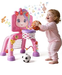Toddler Basketball Hoop & Soccer Goal Activity Center, Interactive Toys with Light Music,Unicorn Toddlers Musical Toys Gift, Baby Birthday Valentine's