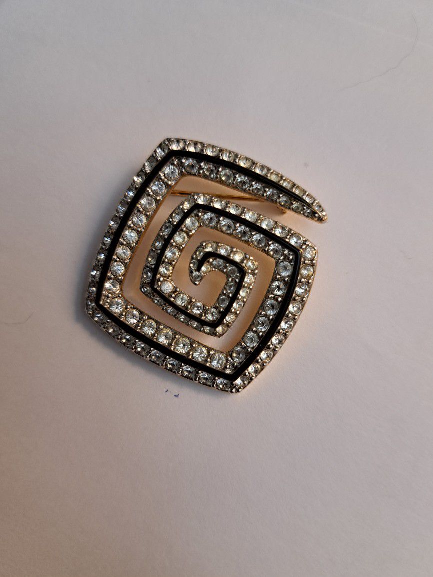 Signed Swan Swarovski Crystal Spiral Gold Tone 1.5" Pin Brooch Vintage Classic
