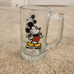 Vintage Walt Disney Mickey Mouse Clear Glass Mug, Beer Stein 5.5“ Heavy Base MC