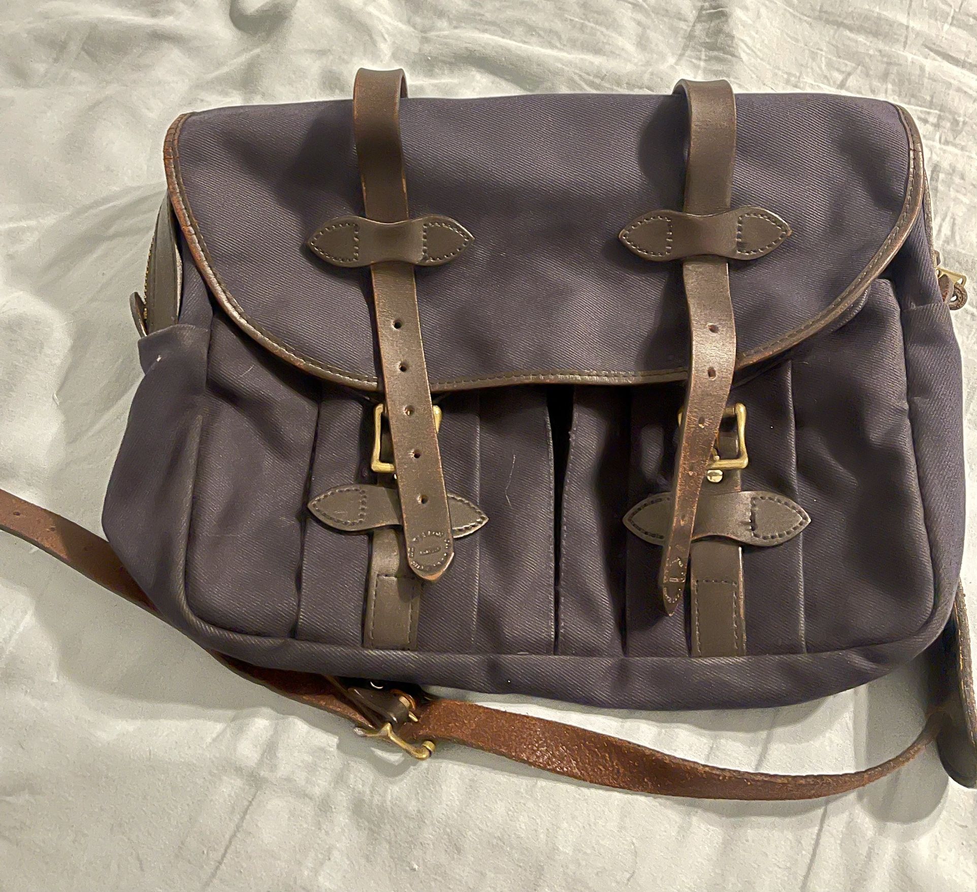 Filson Navy Blue Leather & Canvas Messenger Bag