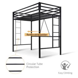 Junior Loft Bed Twin Size, Heavy Duty Twin Bed Frame with Full-Length Guardrail & Removable Stairs, Noise-Free, 