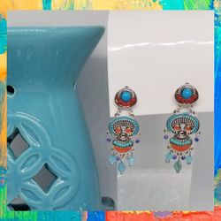 Delicate Alloy Jewelry Medium Size Earrings.  Blue And Red 