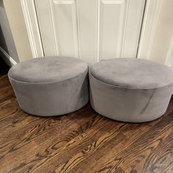 Pair of Grey Oval Ottomans Footstools