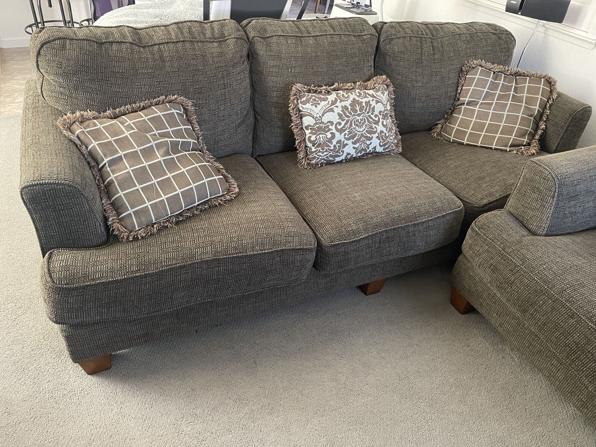 Sofa, Loveseat, Oversized Chair, Three Pillows, Ottoman, One End Table